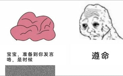这是一张左右分栏的图文梗图，左侧是粉红色的卡通大脑图案，下方配文将大脑拟人化，以“宝宝，准备到你发言咯，是时候”的语气发出提醒指令；右侧是一个面容沧桑、眼神倦怠的老人卡通形象，下方配文“遵命”，呈现出顺从但不情愿的状态。该图通过拟人的对话形式，生动调侃了人们在被要求公开发言时，大脑下达指令，而自身却带着疲惫和无奈感被迫执行的真实心理，精准贴合了不少人面对发言场景时的抵触又不得不应对的心情。