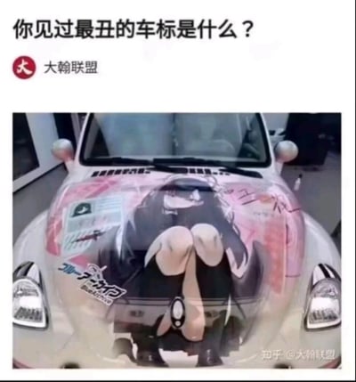 这是一张来自知乎平台的搞笑图文内容，顶部以提问“你见过最丑的车标是什么？”引出下方的图片：一辆大众甲壳虫被改装为痛车，引擎盖上贴有手游《蔚蓝档案》的卡通角色涂装，车辆原本的圆形车标恰好位于角色的腿部位置，形成了视觉错位，让车标看起来像是角色的隐私部位，以此制造出滑稽的“丑车标”效果，属于玩梗整活的创意内容，通过视觉巧合来调侃车标，引发观众的趣味联想。