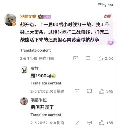 这是一张国内社交平台的评论区截图，热评用户「沙雕文案」用夸张荒诞的玩梗方式，将00后与一战、大萧条、二战、美苏核战争等历史事件绑定，以此调侃当代00后面对的压力，安慰大家想开点；下方用户「有竹__」调侃提问「是1900吗」，点出这个梗的时间错位夸张之处，用户「喂鹅米粒」则回复「瞬间开阔了」，表示被这个梗治愈。
这个梗通过时间错位的夸张手法，用虚构的「上一届00后」的悲惨经历，来消解当代年轻人的焦虑情绪，制造出搞笑又无奈的自嘲效果。