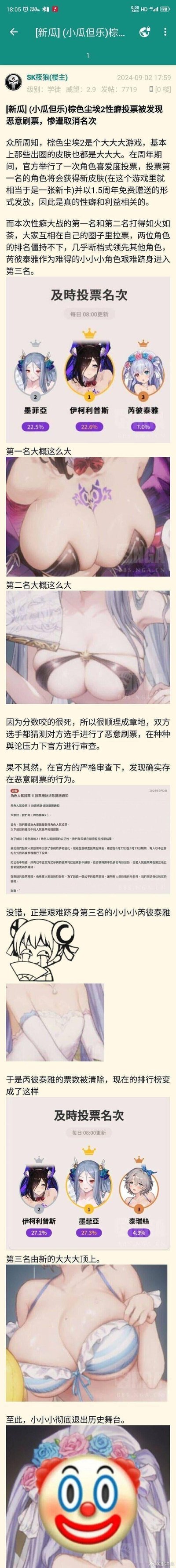 这是NGA论坛的一篇吃瓜帖子，讲述手游《棕色尘埃2》1.5周年角色喜爱度投票事件：投票第一名可获得免费新皮肤（相当于新卡），因此玩家围绕角色展开“性癖大战”，前两名伊柯利普斯、墨菲亞竞争激烈，冷门角色芮彼泰雅艰难挤进第三。随后官方查出芮彼泰雅存在恶意刷票行为，取消其名次，第三名换成泰瑞絲。帖子里用角色立绘的身材尺寸玩梗，调侃这次投票是和性癖、利益相关的竞争，最后用小丑表情包调侃冷门角色出局的尴尬处境。