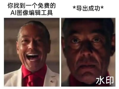 左侧画面中，人物面露兴奋大笑，配文“你找到一个免费的AI图像编辑工具”，展现发现免费资源时的惊喜；右侧画面中，同一人物面部因图像严重失真而扭曲，配文“*导出成功*”及右下角“水印”，形成强烈反差，讽刺免费AI工具导出结果带巨大且影响观感的水印，揭示“免费”背后的隐性缺陷。