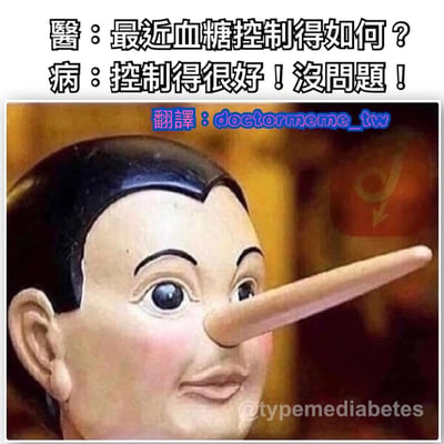 這是一張幽默梗圖，使用了童話故事《木偶奇遇記》中說謊鼻子就會變長的皮諾丘形象。圖中醫生詢問患者血糖控制情況，患者回答"控制得很好！沒問題！"，但畫面中皮諾丘異常長的鼻子暗示患者在說謊。通過經典童話形象與現實醫療場景的結合，以幽默方式呈現了患者可能對醫生隱瞞病情的情況。