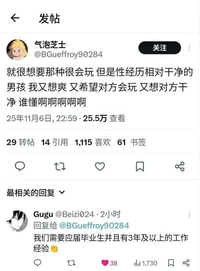 社交媒体平台截图，展示了用户"气泡芝士"发布的一条引发共鸣的帖子，表达了想要找到既"会玩"又"干净"的矛盾需求。下方最相关的回复以职场招聘中常见的"需要应届毕业生且有3年工作经验"的矛盾要求进行类比，形成幽默讽刺效果。