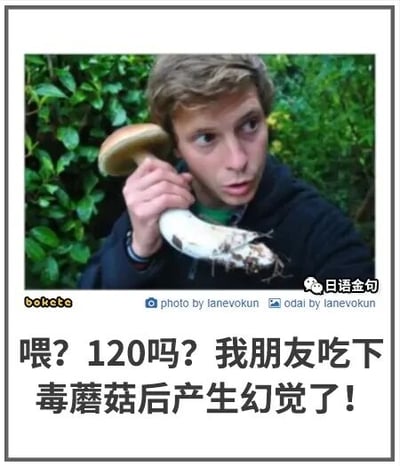 这是一张创意摆拍的搞笑照片，画面中男子身处充满绿植的户外背景前，将一个带有菌盖的蘑菇的菌柄贴在自己耳边，模仿打电话的姿势，同时做出搞怪的表情，眼睛斜向上看、嘴巴微张。图片下方配有中文文字：“喂？120吗？我朋友吃下毒蘑菇后产生幻觉了！”，形成荒诞的反差笑点——男子本人用蘑菇当作电话，暗示他就是那个“吃下毒蘑菇产生幻觉”的朋友，把蘑菇错认成通讯工具，整体内容充满滑稽、荒诞的趣味。