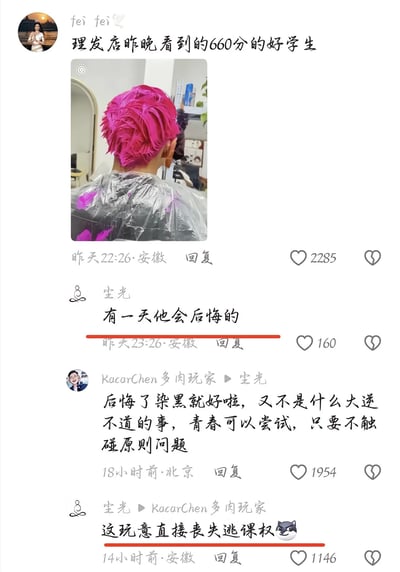 这是一张社交媒体评论区截图，用户“fei fei”发布了内容“理发店昨晚看到的660分的好学生”，并配了一张实拍图：一名刚考完高考、取得660分的学生背对着镜头坐在理发店，头发刚染成非常亮眼的玫粉色，身上披着理发用的透明围布。下方评论区中，用户“尘光”首先留言“有一天他会后悔的”；用户“KacarChen多肉玩家”回复表示后悔了染黑就好，青春可以做这类不触碰原则的尝试；随后“尘光”再度回复，玩梗称这个过于醒目的发色会让学生直接“丧失逃课权”，该评论引发网友共鸣获得较高点赞。