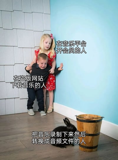 这是一张改编自亲子摄影照片的趣味梗图，通过三个形象对应三种获取音乐的人群：穿着红色碎花裙的女孩被标注为“在音乐平台开会员的人”，她紧张地将崩溃大哭的男孩护在身后，男孩被标注为“在盗版网站下载音乐的人”；墙角木桶旁的黑兔子被标注为“把音乐录制下来然后转换成音频文件的人”。图中以拟人化的场景趣味化对比三种获取音乐方式的处境，暗示开会员的方式相对合规安全，盗版下载的方式存在被追责的风险，而录制转音频的方式则是更为隐蔽的“钻空子”行为，以此调侃不同用户获取音乐的不同途径。