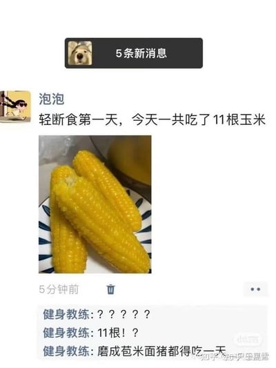 这是一张社交平台动态截图，顶部有带哈士奇头像的“5条新消息”系统提示。用户“泡泡”发布动态，称自己轻断食第一天总共吃了11根玉米，动态配图为三根色泽金黄的熟玉米放在带蓝黑花纹的白盘中的实拍图，动态发布时间显示为5分钟前。下方是健身教练的三条评论，首先连发六个问号表示震惊，接着再次质疑“11根！？”，最后吐槽“磨成苞米面猪都得吃一天”，整体内容通过“轻断食理应控制食量却吃了远超常人饭量的玉米”的强烈反差制造笑点，十分诙谐。