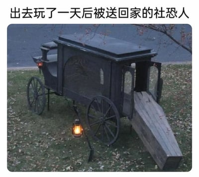 这是一张调侃社恐人群的搞笑梗图，图片上方配有文字“出去玩了一天后被送回家的社恐人”。画面主体是一辆停在草地上的黑色老式灵车，灵车的车门打开，一副木质棺材正从车厢里滑落到地面，灵车旁还放置着一盏点亮的煤油灯，背景是草地和路边的水域，整体氛围暗沉。这张图用夸张的比喻，将社恐人经历一天社交活动后的疲惫、虚脱状态具象化，仿佛社交已经耗尽了社恐人的全部精力，如同“被抬回来”一般，精准戳中社恐人群对社交消耗感的共鸣。
