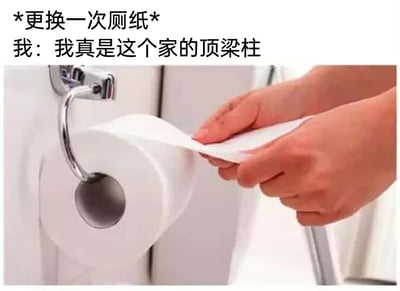 这是一张图文结合的搞笑生活类图片，上方配文分为两部分，先是标注了场景“*更换一次厕纸*”，然后是第一人称的自嘲话语“我：我真是这个家的顶梁柱”。图片主体展示了一双手正在从刚更换好的厕纸卷上扯下一段厕纸，画面聚焦于手部动作和厕纸架。该内容通过将更换厕纸这种家庭中十分平常的小事，夸张地上升到“顶梁柱”的高度，用自嘲的方式调侃自己完成小事后产生的强烈自我满足感，充满了生活化的趣味，容易引发有类似经历的网友共鸣。