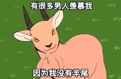 这是一张文字加注的卡通静态风格化图像，画面主体是一只浅粉色的卡通山羊，它有着黑色短角与黄色眼睛，神态略带得意，趴卧在绿色草地背景上。图中配有上下两行文字，上方为“有很多男人羡慕我”，下方为“因为我没有羊尾”，利用“羊尾”与“阳痿”的谐音制造低俗的网络笑话，通过山羊的形象设定来呼应谐音梗的内容，属于网友创作的网络迷因类梗图。