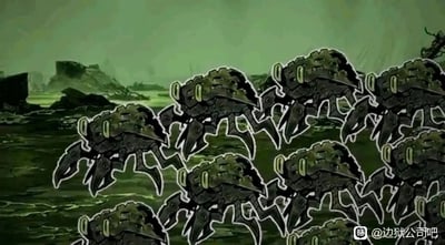 这是一张静态卡通风格的图片，画面主体是一群造型充满机械感的蟹型异想体，它们拥有深灰绿色的金属质感外壳，外壳上带有黄色条状发光结构，蟹钳尖锐且棱角分明，整体造型充满攻击性。这些机械螃蟹成群聚集在一片色调灰暗的废土地带中，背景可见破损的岩石与建筑残骸，整体氛围压抑暗沉，充满废土科幻的怪异感。