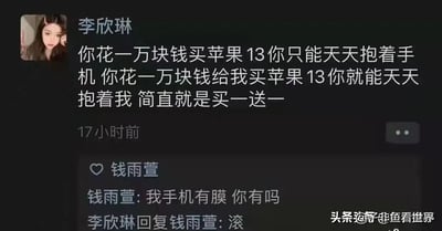 这是一张社交媒体平台的截图，用户李欣琳发布动态文案，以“买一送一”的噱头，试图让他人为自己购买苹果13手机，文案内容为‘你花一万块钱买苹果13你只能天天抱着手机 你花一万块钱给我买苹果13你就能天天抱着我 简直就是买一送一’。随后用户钱雨萱在评论区用谐音梗（“膜”谐音双关，暗指手机有保护膜，调侃李欣琳没有类似的“保护”，戳破李欣琳的话术）留言‘我手机有膜 你有吗’，李欣琳看到后回复‘滚’，表现出被戳中后的恼怒，整个互动充满搞笑的互怼氛围，十分有趣。