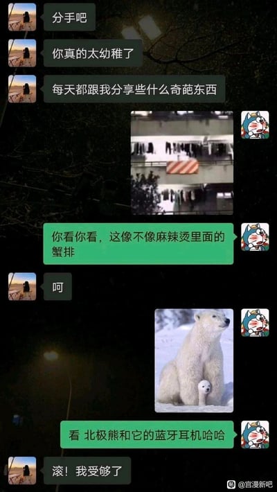 这是一张充满反差感的微信聊天记录截图：头像是风景人物的用户向对方提出分手，连续指责对方“太幼稚”“每天分享奇葩东西”，表达了自己的不满；而头像是哆啦A梦的用户完全无视分手的诉求，沉浸在自己的趣味联想里，先是分享了一张建筑外观图，称其像麻辣烫里的蟹排，在对方只回复“呵”后，又分享了一张北极熊和小熊的图片，调侃小熊是北极熊的蓝牙耳机，最后被对方怒斥“滚！我受够了”。整个对话展现了两人沟通完全错位的搞笑场景，一方在情绪爆发提分手，另一方却只顾分享自己的奇葩趣味发现，形成强烈的喜剧效果。