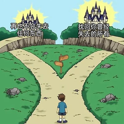 这是一幅卡通风格的静态插画，画面底部是一个背对着镜头的短发男孩，他站在一条延伸至前方的道路尽头，道路在此处分为两条岔路，分别通向悬崖对面的两座城堡。左侧城堡旁配有文字“再也不会失去任何东西”，代表着守护当下、规避未来失去的人生选择；右侧城堡旁配有文字“找回你曾经失去的所有”，代表着弥补过去、追回遗憾的人生选择。路中间立着一块空白的指示牌，没有给出任何指引，整体画面营造出一种人生面临两难取舍的氛围，引发观者对于人生选择的思考。