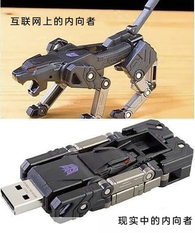 这是一张上下拼接的对比梗图，上图展示了变形金刚主题的可变形U盘展开后，变成霸天虎角色机器狗的机械猛兽站立形态，左上角配文「互联网上的内向者」，用展开外放的形态表现内向者在网络上更放得开的状态；下图展示了同款玩具收缩折叠后变成标准U盘的形态，右下角配文「现实中的内向者」，用收缩隐藏的形态表现内向者在现实中收敛、隐藏自己的状态，通过玩具形态反差调侃了多数内向者线上线下不同的社交性格，是性格反差类的趣味梗图。