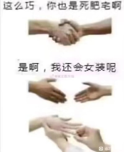 这是一张三格拼接的梗图，通过握手动作的变化来表现社交距离的变化。第一格中两只手紧紧相握，上方文字写着"这么巧，你也是死肥宅啊"；第二格中手开始分开，文字变为"是啊，我还会女装呢"；第三格中手完全分开，呈现出拒绝的姿态。图片通过自嘲和夸张的方式制造笑点，反映了网络文化中对特定群体的调侃。