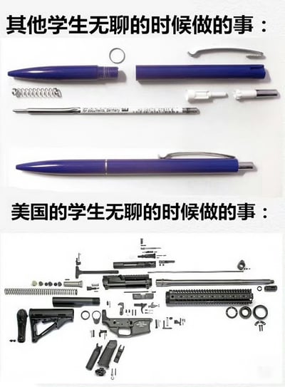 图片分为上下两部分进行对比。上半部分标题为“其他学生无聊的时候做的事：”，下方展示了一支紫色钢笔的全部拆解零件，包括笔帽、笔身、弹簧、笔芯等；下半部分标题为“美国的学生无聊的时候做的事：”，下方则是一堆枪支的拆解零件，包括枪管、枪托、弹匣、弹簧、螺丝等。通过夸张对比，幽默调侃不同学生群体在无聊时的行为差异。