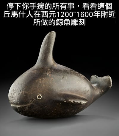 图片展示了一件丘马什人在1200-1600年间创作的鲸鱼雕刻艺术品。雕塑采用石材制作，呈现出古朴的黑色调，造型简约而富有特色，头部有一个圆形的眼睛，身体线条流畅，尾部微微上扬，展现出独特的艺术风格和文化内涵。图片上方配有引人注目的文字，呼吁观众关注这件具有历史价值的古代艺术品。