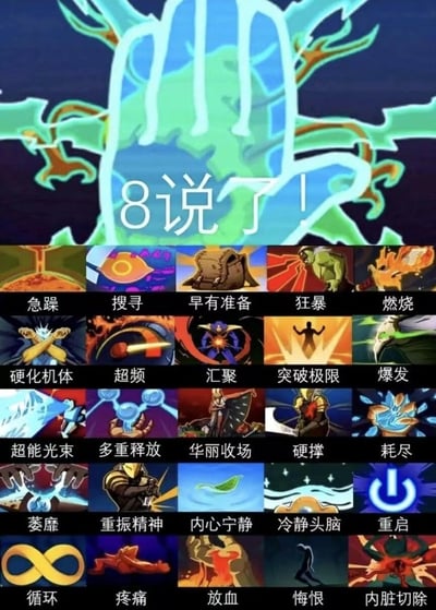 这是一张游戏元素二次创作的拼贴梗图，上方是带有“8说了！”（“不说了”的谐音梗）的发光大手大招特效图，下方整齐排列了25个来自游戏《杀戮尖塔》的状态/卡牌风格图标，每个图标都配有中文标注，涵盖了急躁、狂暴、突破极限、硬撑、耗尽、重启等多种状态，用游戏里的战斗状态来对应现实生活中不同的身心状态，比如用“硬撑”“耗尽”形容疲惫不堪的状态，“重振精神”“重启”指代调整自我状态，整体用游戏化的方式调侃生活里的各种情绪与处境，“8说了”的谐音梗则传递出一种直接进入状态、无需多言的决绝感。