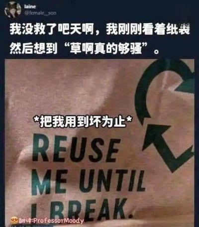 这是一张经过汉化的外网社交平台截图梗图，推特用户laine发文吐槽自己看到印有环保标语“REUSE ME UNTIL I BREAK”的可重复利用纸袋时，脑子里自动脑补出带有暧昧性暗示的“草啊真的够强”，纸袋上的英文标语被配上了调侃性的中文注释“*把我用到坏为止*”，将原本正经的环保重复使用标语玩成了带有反差感的涩涩梗，充满了社死又搞笑的氛围。
双关说明：这里利用“REUSE（重复使用）”的语义，脑补成了带有暧昧意味的“使用”，让原本的环保标语产生了错位的搞笑效果。