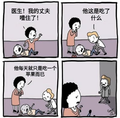 这是一则四格连环冷笑话漫画，完整讲述了一个充满荒诞反转的小故事：
1. 第一格：卷发妻子焦急地对着画面外呼救，地上躺着一个表情痛苦、看起来被噎住的男子，妻子大喊“医生！我的丈夫噎住了！”；
2. 第二格：一位医生模样的人匆忙赶来，蹲在男子身边，向妻子询问“他这是吃了什么”；
3. 第三格：妻子双手交握，满脸担忧地回答“他每天就只是吃一个苹果而已”；
4. 第四格：镜头拉远，医生露出震惊又无语的表情，此时可以看到地上的“丈夫”头部其实是苹果的样子，原来妻子口中的“每天吃一个苹果”是一个荒诞的反转——男子本身就是苹果的拟人化形象，这个设定制造出意料之外的喜剧效果。