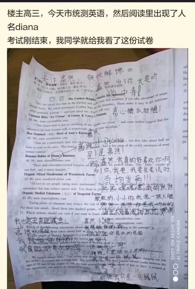 这是一张高三学生的市统测英语试卷翻拍图，试卷的英语阅读文章中出现了“Diana”一词，被喜爱虚拟主播嘉然的学生关联到嘉然的英文名，从而在试卷页面上手写了大量和嘉然相关的涂鸦内容。这些内容包括应援口号如“天注嘉然！”“嘉心糖永相随！”“嘉然中毒！”，告白话语如“嘉然，我真的好喜欢你啊”，玩梗内容如“软软的，小小的，就像一根火腿”“我既不是猫，也不是狗，我只是一只鼠鼠”，还将文中的“Diana”标注为“DIANA（嘉然）”，完全把试卷当成了表达对嘉然喜爱的载体，充满了粉丝的狂热情绪，试卷原文是关于夏季健康零食的英语阅读题。