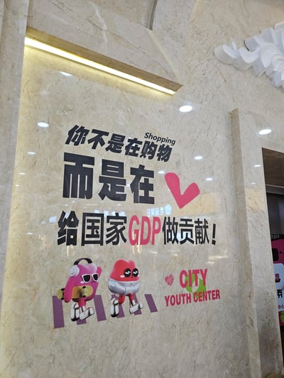 这是CITY YOUTH CENTER城市青年中心商场内的墙面宣传物料，以幽默调侃的文案“你不是在Shopping，而是在❤️给国家GDP做贡献！”将日常消费和宏观经济概念结合，制造反差趣味，以此鼓励顾客消费。搭配两个潮流风格的原创卡通角色：一个粉色戴耳机手持滑板的酷拽卡通形象，一个红色爱心造型的搞怪俏皮卡通形象，整体风格年轻化，贴合商场“青年中心”的定位，用于在商场公共区域营造轻松活泼的消费氛围。