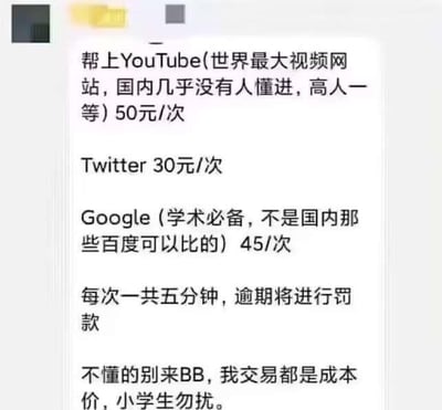 一张提供翻墙服务的广告截图，内容是帮助用户访问YouTube、Twitter和Google等境外网站的付费服务。广告中带有明显的优越感，声称"国内几乎没有人懂进，高人一等"，并对百度等国内服务表示不屑。服务价格分别为YouTube 50元/次，Twitter 30元/次，Google 45元/次，每次服务限时五分钟，逾期将罚款。广告末尾还带有"不懂的别来BB，我交易都是成本价，小学生勿扰"的傲慢语气。
