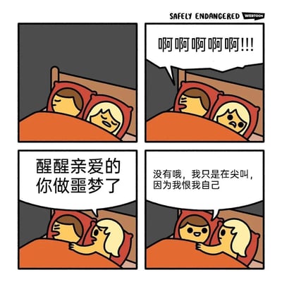 四格连环漫画描绘了一对情侣的睡前场景：第一格两人安静睡在床上；第二格男性突然尖叫“啊啊啊啊啊!!!”，女性被惊醒面露惊恐；第三格女性关切地唤醒他：“醒醒亲爱的你做噩梦了”；第四格男性平静回答“没有哦，我只是在尖叫，因为我恨我自己”。通过出乎意料的反转，用黑色幽默展现了自嘲式的情绪表达。