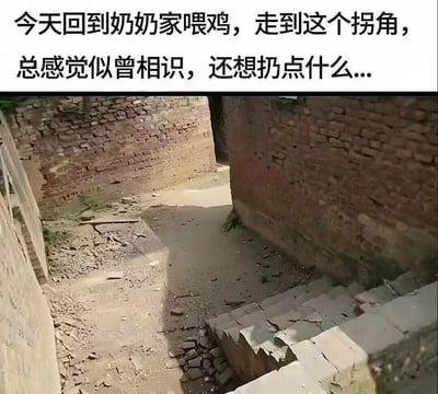 这是一张图文混排的趣味内容图，上方配有文字“今天回到奶奶家喂鸡，走到这个拐角，总感觉似曾相识，还想扔点什么...”，下方是一张原始拍摄的乡村拐角实景：由老旧红砖土墙和破损水泥砖块构成狭窄拐角，地面是混杂碎石的泥土路，充满乡村质朴的生活气息。该图的趣味点在于，这个现实中的拐角布局和游戏《穿越火线》里“黑色城镇”地图的经典投掷点位高度相似，能让玩过该游戏的人产生强烈的熟悉感，触发条件反射式的“想扔投掷物”的想法，通过现实场景与游戏场景的联动制造出幽默效果。