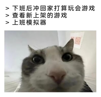 图片上方是三行文字，内容为'下班后冲回家打算玩会游戏 / 查看新上架的游戏 / 上班模拟器'，下方是一张近距离拍摄的猫脸照片，猫咪瞪大眼睛，表情惊讶，仿佛看到'上班模拟器'游戏时的反应。通过文字与猫咪惊讶表情的结合，幽默地表达了下班后想通过游戏放松却遇到模拟上班内容的无奈与反差感。
