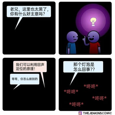 这是一则四格冷笑话漫画：第一格中，蓝色衣服的卡通人在黑暗环境里向红色衣服的同伴求助，抱怨环境太黑询问办法；第二格，红衣服卡通人头顶出现一个类似发光灯泡的凸起，他得意地指着自己的头顶；第三格，红衣服卡通人提出要利用回声定位的原理，蓝衣服卡通人疑惑地询问他是如何做到的；第四格，蓝衣服卡通人追问头顶的“灯泡”是怎么回事，画面中出现多处“*咚咚*”的拟声词，揭晓了真相——所谓的“灯泡”其实是红衣服卡通人敲自己头部敲出来的肿包，他口中的回声定位就是通过敲头制造声音来实现，是一个用视觉误导和脑洞转折制造笑点的冷笑话。