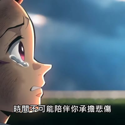 图片展示了一个动漫角色的侧脸特写，角色眼中含着泪水，表情悲伤，背景是模糊的蓝天和绿色草地。图片底部有一行文字：'時間不可能陪伴你承擔悲傷'，表达了时间无法分担悲伤的情感主题。