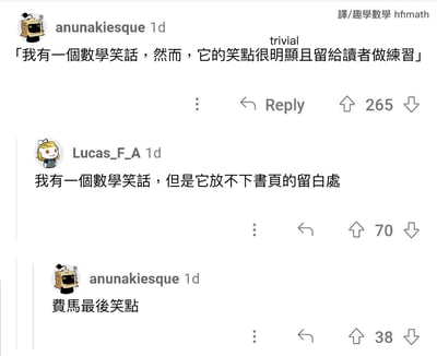 这是一组Reddit用户评论的中文翻译截图，是数学爱好者的专属玩梗互动：
1. 用户anunakiesque先发评论玩数学教材梗：「我有一個數學笑話，然而，它的笑點很明顯且留給讀者做練習」，对应数学里常说的“显然成立（trivial）”和习题“留给读者做练习”的表述；
2. 用户Lucas_F_A回复玩费马典故梗：「我有一個數學笑話，但是它放不下書頁的留白處」；
3. anunakiesque再补刀：「費馬最後笑點」，直接点出梗的来源。

梗点说明：这个笑话致敬了费马最后定理的经典典故——数学家费马曾在书页留白处批注，称自己证明了费马大定理，但因留白空间不足无法写下完整证明，这里将“定理”替换为“笑点”，结合数学圈的常见表述，制造出只有数学爱好者能get的专属笑点。