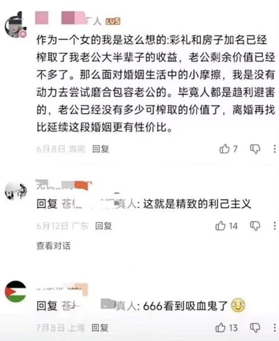 这是一张竖版手机社交媒体评论区截图。画面主体是一条一级评论：一名自称女性的用户表示，彩礼和房子加名已经榨取了丈夫大半辈子的收益，丈夫剩余价值不多，因此在婚姻出现小摩擦时没有动力磨合与包容，并从趋利避害和性价比角度认为离婚再找比继续婚姻更划算。该评论显示发布于6月8日海南，获7个赞。下方两条回复分别来自6月12日广东和7月8日上海：前者批评“这就是精致的利己主义”，获14个赞；后者讽刺“666看到吸血鬼了”并附带笑脸表情，获13个赞。转发标题所谓“三个字来形容”，对应回复中的“吸血鬼”。截图中的用户名、头像等信息有打码或模糊处理。
