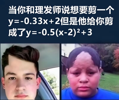 这是一张左右对比的图文混排梗图，用数学函数幽默吐槽理发翻车场景。上方文字描述：当你告诉理发师想要剪一个符合一次函数y=-0.33x+2（直线，象征整齐渐变的发型）的发型，但理发师却剪成了二次函数y=-0.5(x-2)²+3（抛物线，象征凹凸不平的效果）。左侧图片是拥有整齐发型的人物（代表期望），右侧是发型凌乱的人物（代表现实），通过数学概念与视觉对比制造搞笑效果，反映了人们对理发结果与预期不符的无奈。