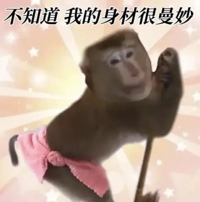 这是一张网络流行梗表情包，图中一只猴子穿着粉色裙子，单手搭在杆子上摆出妖娆秀身材的姿势，背景是带有星星装饰的暖粉渐变背景，图片顶部配有文字“不知道 我的身材很曼妙”，整体利用姿势反差和答非所问的梗制造出搞笑效果。