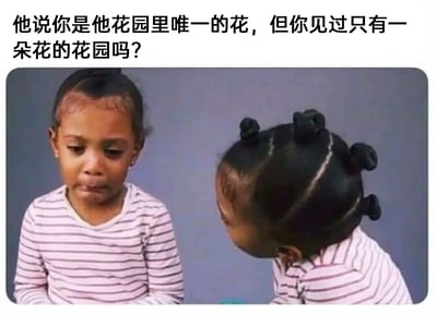 这是一张充满讽刺意味的情感类梗图，上方配有文字“他说你是他花园里唯一的花，但你见过只有一朵花的花园吗？”。图中呈现了同一个黑人小孩的两个视角：正面视角的小孩眉头微皱、嘴角下撇，低着头露出委屈难过的神情，仿佛是刚相信了“自己是唯一”的承诺却发现真相的人；背面视角的小孩头发被精心扎成了五个小揪揪，如同花园里盛开的多朵花，正好对应文字里的“花园不止一朵花”。这张图用可爱的儿童形象和强烈的视觉反差，生动地讽刺了感情里的虚假承诺，戳破了对方声称“你是唯一”实则身边还有其他对象的谎言，用诙谐的方式传递扎心的情感真相，容易引发有类似情感经历的人的共鸣。