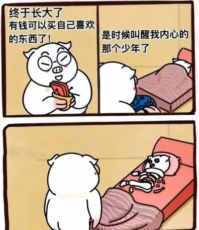 三格连环漫画中，戴眼镜的白色小猪第一格手持钞票开心地说“终于长大了 有钱可以买自己喜欢的东西了！”；第二格看着床上熟睡的自己，心想“是时候叫醒我内心的那个少年了”；第三格掀开被子，却发现床上只有一具散落的骨架，幽默地表现出成年后内心少年感已消失的反差。
