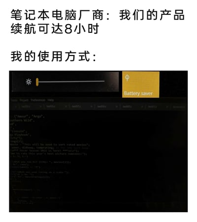 这是一张吐槽笔记本电脑标称续航与实际使用续航差距的网络梗图。图中上方是笔记本厂商的宣传语“我们的产品续航可达8小时”，下方展示了用户的真实使用场景：屏幕亮度被拉至最高，同时开启了省电模式，并且打开了多个C语言代码文件，处于编程运行的高负载状态。这种场景下，笔记本的实际续航会远低于厂商宣传的8小时，精准戳中了广大笔记本用户在实际使用中，遇到的厂商标称续航与真实体验严重不符的普遍痛点，引发用户共鸣。