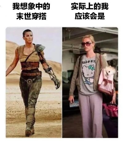 图片为左右对比结构，左侧展示“我想象中的末世穿搭”：一位女性身着破旧的棕色上衣和军绿色工装裤，腰间系着宽腰带，左臂为机械义肢，背景是荒凉的沙漠，整体造型硬朗充满战斗感；右侧为“实际上的我应该会是”：另一位女性穿着印有Hello Kitty图案的灰色T恤，外搭浅色开衫，下装是浅紫色休闲裤，手提粉色宠物包（内有小型犬）和红色购物袋，背景为室内停车场，风格日常休闲。通过强烈的视觉反差制造幽默效果，调侃理想中酷炫的末世生存形象与现实中普通日常状态的差距。