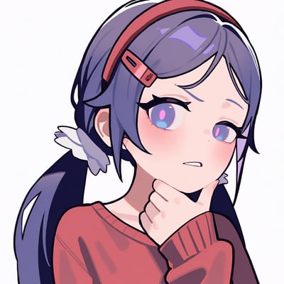 这是一张AI生成的卡通风格插画，画面主体是一位紫发双马尾少女，佩戴红色发箍，身着红色针织毛衣，正用手托着下巴，脸颊带着淡淡的红晕，眼神流露出迷茫又思索的神情，画风清新柔和，可用于表达疑惑、思考的状态，也适合作为头像或表情素材。