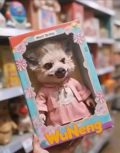 这是一张搞笑合成图，画面中一个带有粉色花朵装饰的玩具包装盒里，装着一个“违和感拉满”的“玩偶”：身体是穿着粉色童装的人偶，头部却是《西游记》角色猪悟能（猪八戒）的拟人化猪头，表情嫌弃又无奈，背景是模糊的货架，仿佛身处玩具店中。
**谐音梗说明**：盒子底部标注的“WuNeng”对应猪悟能的名字，将古典神话角色与儿童玩偶结合，制造出强烈的反差感，以此达到搞笑效果。