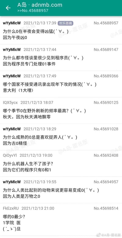 这是A岛匿名论坛“欢乐恶搞”板块下的帖子合集截图，内容为多位网友发布的围绕数字0和1的谐音冷笑话。这些笑话结合了都市怪谈、职场、国家名称、季节等多种元素，其中数字0和1既对应程序员工作中的二进制代码，也暗指同志文化里的“受（0）”与“攻（1）”，通过谐音和双关手法制造笑点：比如“午夜凶0”谐音经典恐怖IP“午夜凶铃”；“程序员处理01事件”既指解决二进制代码问题，也暗指对应都市怪谈事件；“意大利（1大哩）”谐音国家名称，对应“1（攻）大”的含义；“秋天满地飘零（0）”用“飘零”谐音“零”；“古0精怪”谐音“古灵精怪”；最后“1学院 医（一）旦（蛋）”则通过谐音暗示攻的相关内容，整体是一系列玩梗的冷笑话集合。