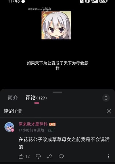 B站视频评论区截图，顶部显示动漫风格白发角色头像，中间配有文字“如果天下为公变成了天下为母会怎样”引发讨论。评论区显示用户“原来我才是萨科”的调侃评论“在花花公子改成草草母女之前我是不会说话的”，获得12个点赞。整体呈现网络社区中对传统概念的幽默改编与互动场景。