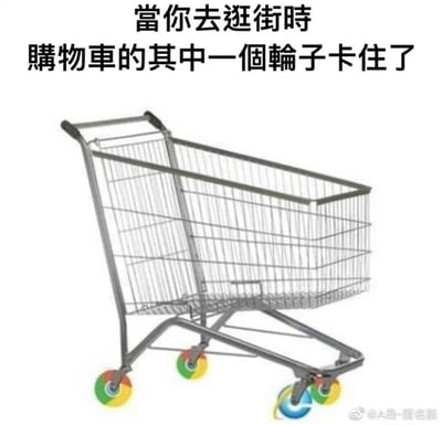 这是一张经过二次P图创作的搞笑梗图，主体是超市购物车，原本的轮子被替换为谷歌Chrome浏览器和IE浏览器的图标，图上方配有繁体中文文字“當你去逛街時 購物車的其中一個輪子卡住了”。作品将日常逛街时购物车卡轮的烦躁体验，与使用IE浏览器时卡顿、运行不顺畅的糟糕感受相结合，通过视觉化的类比，让有过类似经历的人产生共鸣，达到搞笑吐槽的效果。
