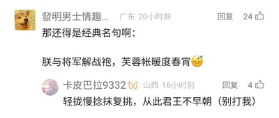 这是一张社交媒体评论区的静态截图，展示了两条网友的玩梗评论。第一条评论来自IP为广东的用户“發明男士情趣...”，发布于20小时前，获得24个点赞，该用户将苏轼《赐浴汤泉》中的“朕与将军解战袍”与白居易《长恨歌》中的“芙蓉帐暖度春宵”混搭，配上睡觉表情，制造出带有同性调侃意味的趣味内容；第二条评论来自IP为山西的用户“卡皮巴拉9332”，发布于16小时前，获得4个点赞，该用户继续混搭白居易《琵琶行》中的“轻拢慢捻抹复挑”与《长恨歌》中的“从此君王不早朝”，还标注“别打我”，进一步延续玩梗的搞笑氛围，两条评论都是通过打乱古诗原语境进行重组，产生和原诗完全不同的趣味含义。