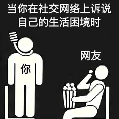 图片上方有白色文字'当你在社交网络上诉说自己的生活困境时'。左侧是一个标有'你'的白色简笔画人物，站立着，右手扶额，表情似苦恼；右侧是标有'网友'的简笔画人物，坐在椅子上，左手拿着爆米花桶，右手撑着头，姿态悠闲地看着左侧的'你'。整体用黑白对比色呈现，通过夸张的人物动作和场景，讽刺了部分网友在他人诉说困境时仅作旁观者甚至看热闹的现象。