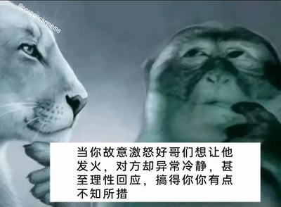 这是一张搞笑梗图，画面里一只猩猩用手托着狮子的下巴，猩猩神态冷静淡定，眼神沉稳，狮子则露出茫然无措的表情，手放在自己下巴处，姿态局促。图片下方配有中文文字：“当你故意激怒好哥们想让他发火，对方却异常冷静，甚至理性回应，搞得你有点不知所措”，文字内容和两个动物的神态完美对应，生动还原了日常与朋友互动时，本想挑事逗对方发火，却被对方的冷静态度反将一军，自己陷入尴尬茫然的好笑场景。