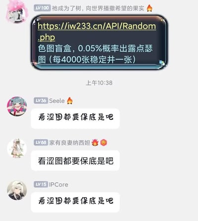 这是一张社交软件群聊截图，显示一位LV100用户发送了一条包含URL链接的消息，推广一个名为"色图盲盒"的服务，声称有0.05%概率出现露点瑟图，每4000张稳定出一张。随后三位群成员（LV36 Seele、LV88 家有良妻纳西妲、LV15 IPCore）相继发送相同的吐槽消息："看涩图都要保底是吧"，表达对这种机制的讽刺和幽默调侃。